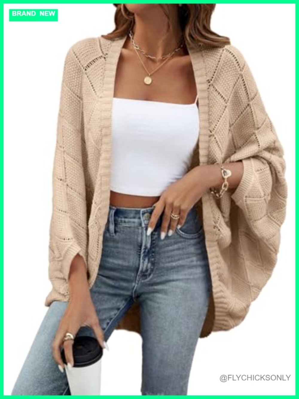 Crochet Oversized Cardigan Sweater Boho Batwing Sleeve Lightweight Knit